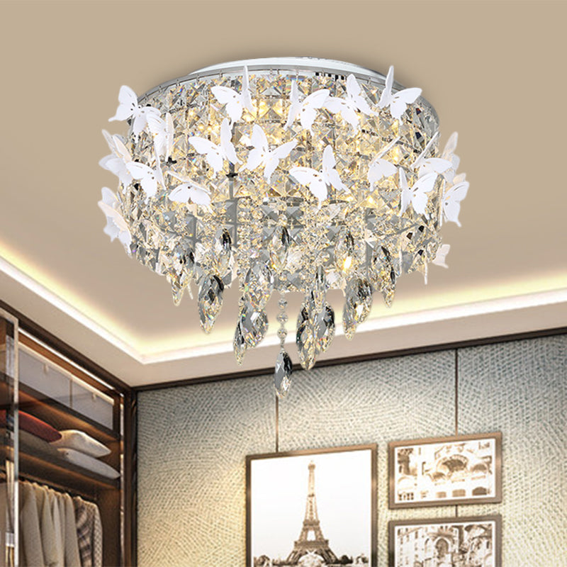 Drum Clear/Amber/Lake Blue Crystal Flush Mount Contemporary Silver LED Ceiling Fixture with Butterfly Deco in Warm/White Light Clearhalo 'Ceiling Lights' 'Close To Ceiling Lights' 'Close to ceiling' 'Flush mount' Lighting' 1427292