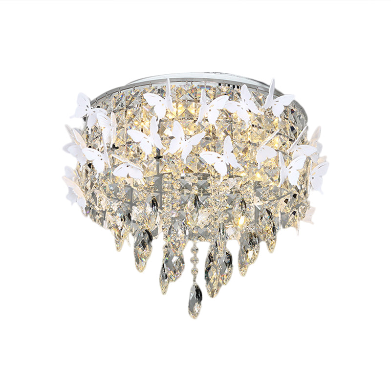 Drum Clear/Amber/Lake Blue Crystal Flush Mount Contemporary Silver LED Ceiling Fixture with Butterfly Deco in Warm/White Light Clearhalo 'Ceiling Lights' 'Close To Ceiling Lights' 'Close to ceiling' 'Flush mount' Lighting' 1427293