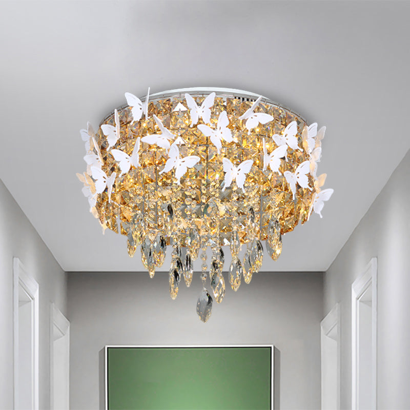 Drum Clear/Amber/Lake Blue Crystal Flush Mount Contemporary Silver LED Ceiling Fixture with Butterfly Deco in Warm/White Light Amber Clearhalo 'Ceiling Lights' 'Close To Ceiling Lights' 'Close to ceiling' 'Flush mount' Lighting' 1427294