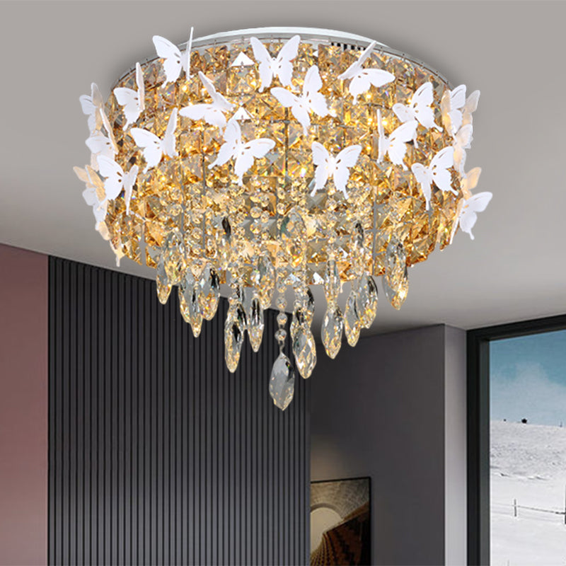 Drum Clear/Amber/Lake Blue Crystal Flush Mount Contemporary Silver LED Ceiling Fixture with Butterfly Deco in Warm/White Light Clearhalo 'Ceiling Lights' 'Close To Ceiling Lights' 'Close to ceiling' 'Flush mount' Lighting' 1427295