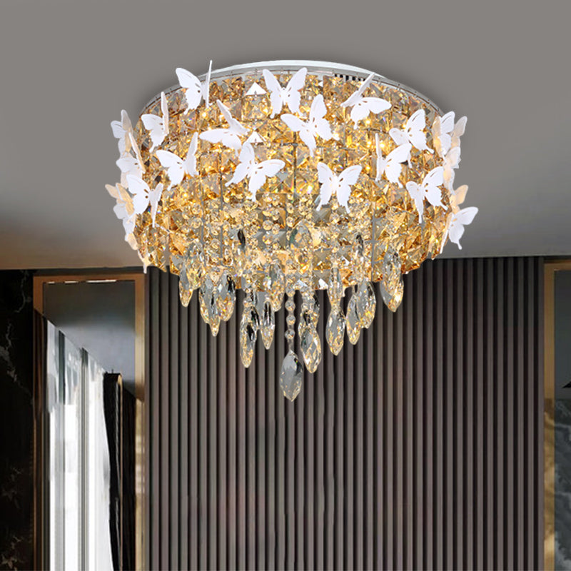 Drum Clear/Amber/Lake Blue Crystal Flush Mount Contemporary Silver LED Ceiling Fixture with Butterfly Deco in Warm/White Light Clearhalo 'Ceiling Lights' 'Close To Ceiling Lights' 'Close to ceiling' 'Flush mount' Lighting' 1427296