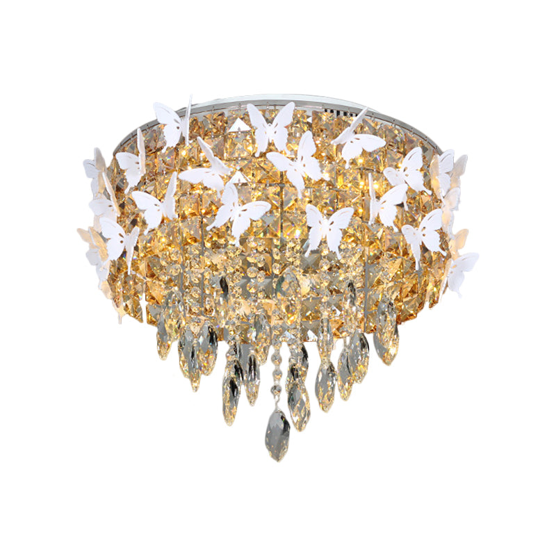 Drum Clear/Amber/Lake Blue Crystal Flush Mount Contemporary Silver LED Ceiling Fixture with Butterfly Deco in Warm/White Light Clearhalo 'Ceiling Lights' 'Close To Ceiling Lights' 'Close to ceiling' 'Flush mount' Lighting' 1427297