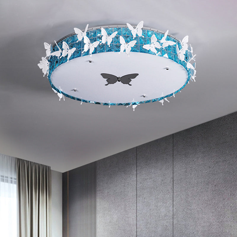 Drum LED Flushmount Lighting Modern Clear/Amber/Lake Blue Crystal Bedroom Ceiling Mounted Fixture with Butterfly Decor, 19.5"/25.5" Wide Lake Blue Clearhalo 'Ceiling Lights' 'Close To Ceiling Lights' 'Close to ceiling' 'Flush mount' Lighting' 1427318