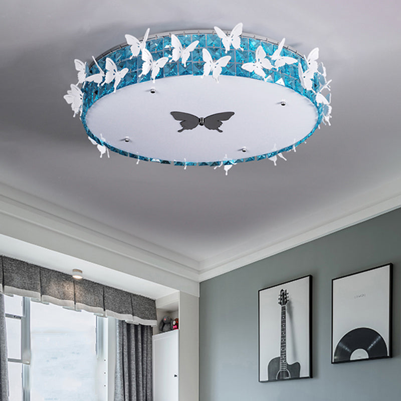 Drum LED Flushmount Lighting Modern Clear/Amber/Lake Blue Crystal Bedroom Ceiling Mounted Fixture with Butterfly Decor, 19.5"/25.5" Wide Clearhalo 'Ceiling Lights' 'Close To Ceiling Lights' 'Close to ceiling' 'Flush mount' Lighting' 1427319