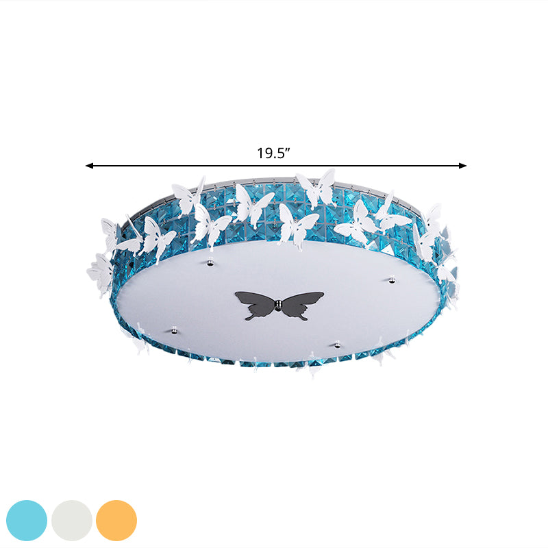 Drum LED Flushmount Lighting Modern Clear/Amber/Lake Blue Crystal Bedroom Ceiling Mounted Fixture with Butterfly Decor, 19.5"/25.5" Wide Clearhalo 'Ceiling Lights' 'Close To Ceiling Lights' 'Close to ceiling' 'Flush mount' Lighting' 1427321