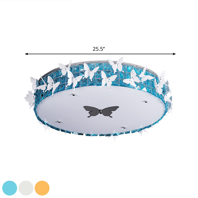 Drum LED Flushmount Lighting Modern Clear/Amber/Lake Blue Crystal Bedroom Ceiling Mounted Fixture with Butterfly Decor, 19.5"/25.5" Wide Clearhalo 'Ceiling Lights' 'Close To Ceiling Lights' 'Close to ceiling' 'Flush mount' Lighting' 1427322