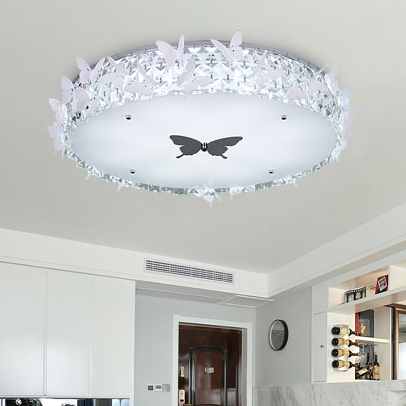 Drum LED Flushmount Lighting Modern Clear/Amber/Lake Blue Crystal Bedroom Ceiling Mounted Fixture with Butterfly Decor, 19.5"/25.5" Wide Clear Clearhalo 'Ceiling Lights' 'Close To Ceiling Lights' 'Close to ceiling' 'Flush mount' Lighting' 1427323