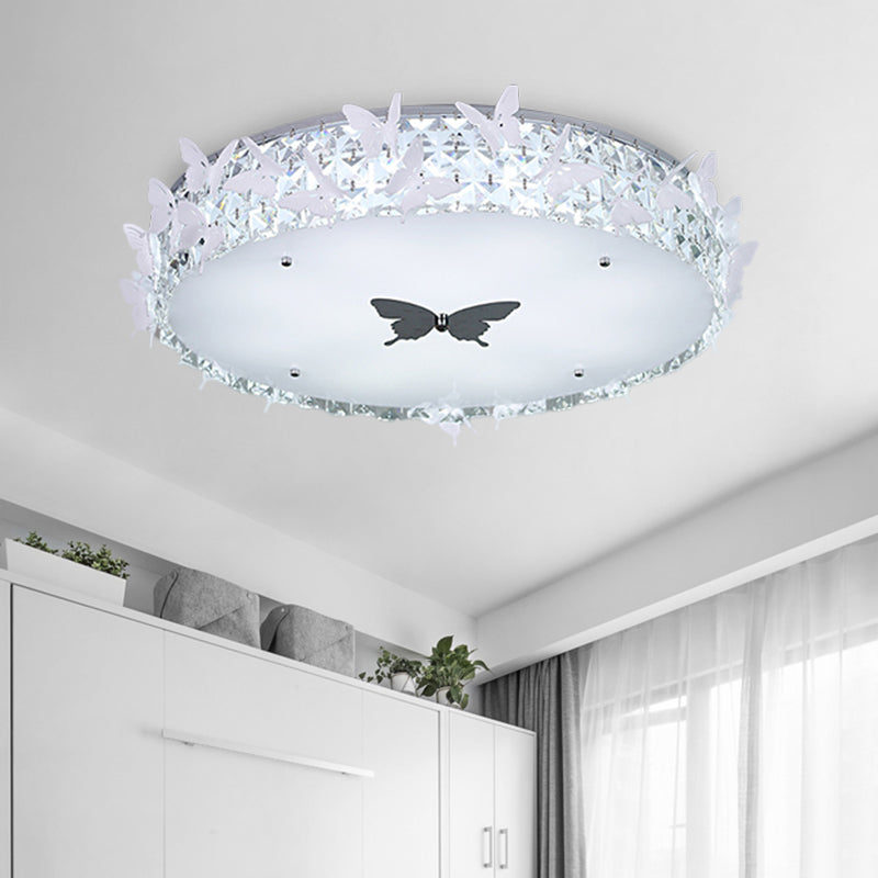 Drum LED Flushmount Lighting Modern Clear/Amber/Lake Blue Crystal Bedroom Ceiling Mounted Fixture with Butterfly Decor, 19.5"/25.5" Wide Clearhalo 'Ceiling Lights' 'Close To Ceiling Lights' 'Close to ceiling' 'Flush mount' Lighting' 1427324