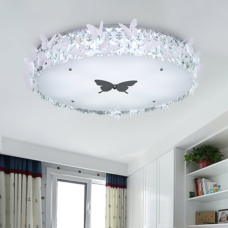 Drum LED Flushmount Lighting Modern Clear/Amber/Lake Blue Crystal Bedroom Ceiling Mounted Fixture with Butterfly Decor, 19.5"/25.5" Wide Clearhalo 'Ceiling Lights' 'Close To Ceiling Lights' 'Close to ceiling' 'Flush mount' Lighting' 1427325