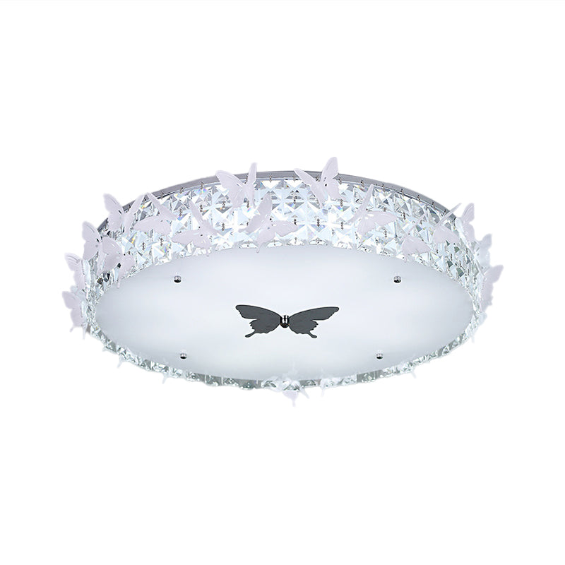 Drum LED Flushmount Lighting Modern Clear/Amber/Lake Blue Crystal Bedroom Ceiling Mounted Fixture with Butterfly Decor, 19.5"/25.5" Wide Clearhalo 'Ceiling Lights' 'Close To Ceiling Lights' 'Close to ceiling' 'Flush mount' Lighting' 1427326