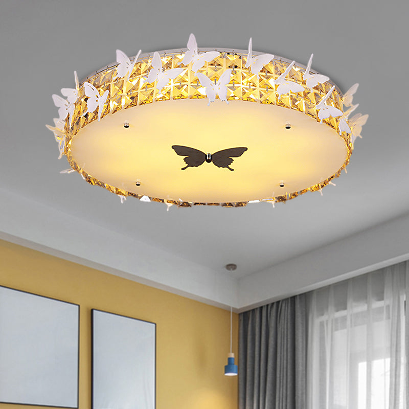 Drum LED Flushmount Lighting Modern Clear/Amber/Lake Blue Crystal Bedroom Ceiling Mounted Fixture with Butterfly Decor, 19.5"/25.5" Wide Amber Clearhalo 'Ceiling Lights' 'Close To Ceiling Lights' 'Close to ceiling' 'Flush mount' Lighting' 1427327