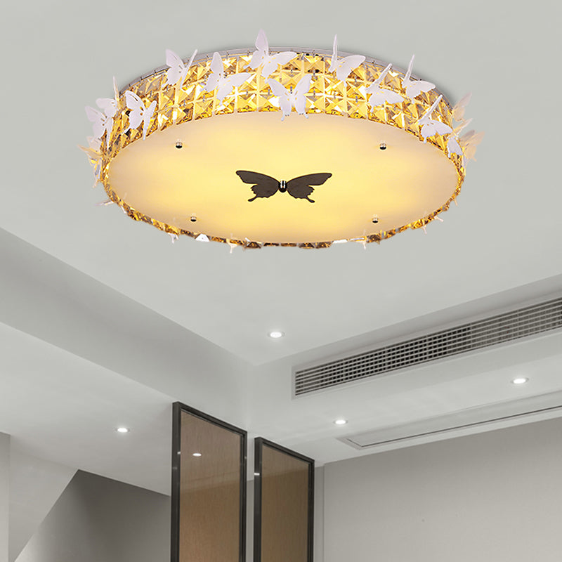 Drum LED Flushmount Lighting Modern Clear/Amber/Lake Blue Crystal Bedroom Ceiling Mounted Fixture with Butterfly Decor, 19.5"/25.5" Wide Clearhalo 'Ceiling Lights' 'Close To Ceiling Lights' 'Close to ceiling' 'Flush mount' Lighting' 1427328