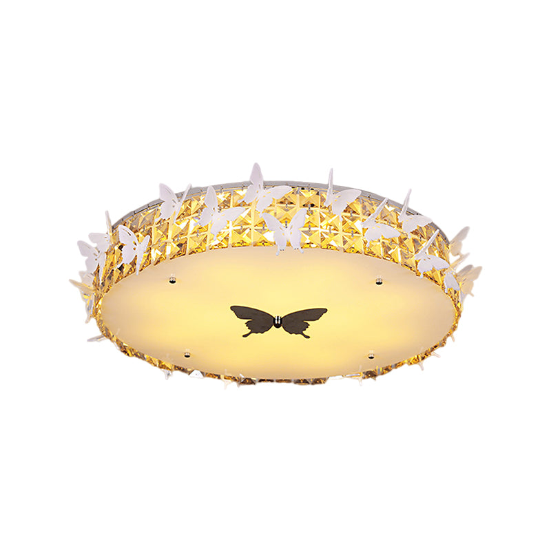 Drum LED Flushmount Lighting Modern Clear/Amber/Lake Blue Crystal Bedroom Ceiling Mounted Fixture with Butterfly Decor, 19.5"/25.5" Wide Clearhalo 'Ceiling Lights' 'Close To Ceiling Lights' 'Close to ceiling' 'Flush mount' Lighting' 1427329