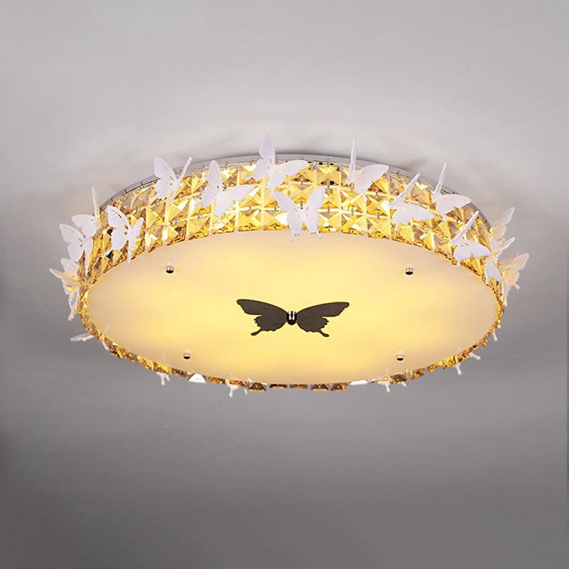 Drum LED Flushmount Lighting Modern Clear/Amber/Lake Blue Crystal Bedroom Ceiling Mounted Fixture with Butterfly Decor, 19.5"/25.5" Wide Clearhalo 'Ceiling Lights' 'Close To Ceiling Lights' 'Close to ceiling' 'Flush mount' Lighting' 1427330