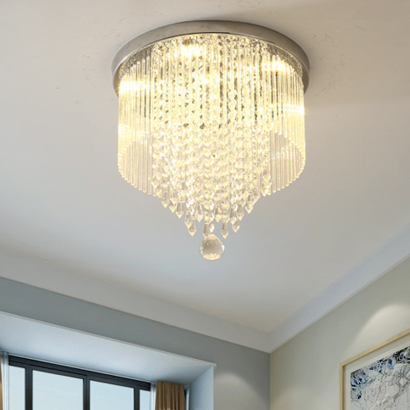 Contemporary LED Flushmount Lighting with Crystal Rod Shade Chrome Cylinder Close to Ceiling Lamp, 8"/19.5" Wide Chrome 19.5" Clearhalo 'Ceiling Lights' 'Close To Ceiling Lights' 'Close to ceiling' 'Flush mount' Lighting' 1427368