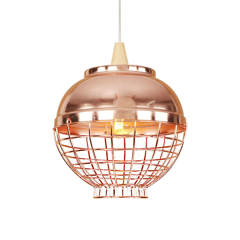 Rose Gold Bowl/Globe/Bottle Shade Pendant Light Vintage Metallic 1 Light Living Room Ceiling Light with Wire Cage Clearhalo 'Ceiling Lights' 'Modern Pendants' 'Modern' 'Pendant Lights' 'Pendants' Lighting' 142920