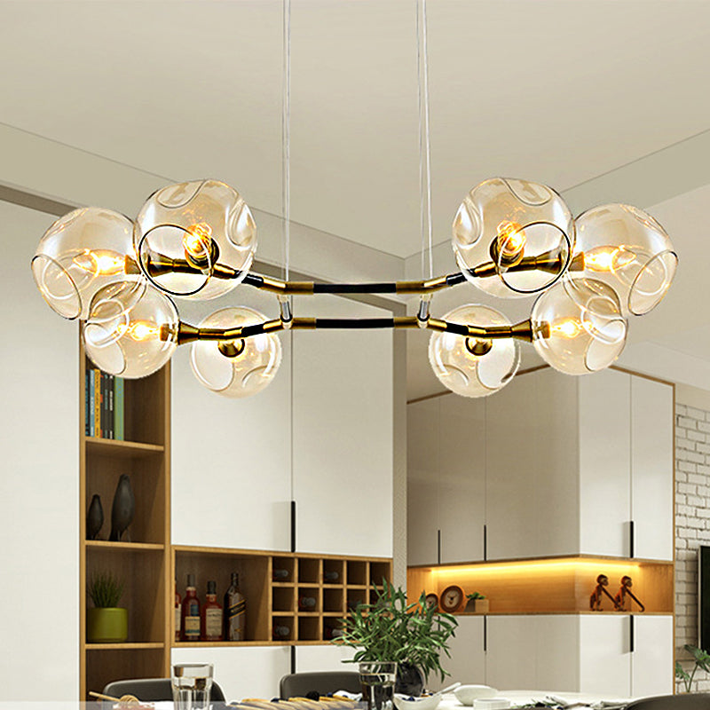 Branch Chandelier Pendant Lamp Modern Metal Multi Lights Brass Ceiling Hung Light with Amber Dimpled Blown Glass Ball Shade Clearhalo 'Ceiling Lights' 'Chandeliers' 'Modern Chandeliers' 'Modern' Lighting' 1429691