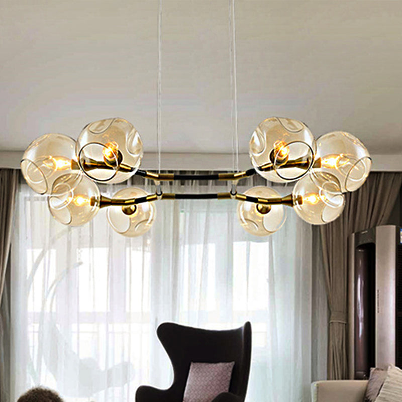 Branch Chandelier Pendant Lamp Modern Metal Multi Lights Brass Ceiling Hung Light with Amber Dimpled Blown Glass Ball Shade Clearhalo 'Ceiling Lights' 'Chandeliers' 'Modern Chandeliers' 'Modern' Lighting' 1429692