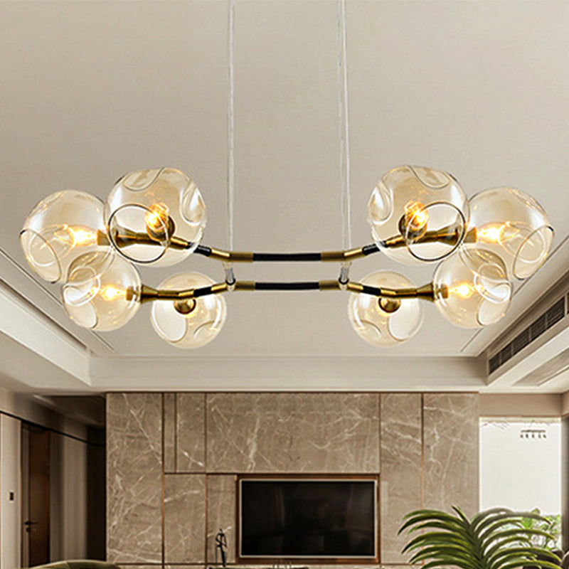 Branch Chandelier Pendant Lamp Modern Metal Multi Lights Brass Ceiling Hung Light with Amber Dimpled Blown Glass Ball Shade Clearhalo 'Ceiling Lights' 'Chandeliers' 'Modern Chandeliers' 'Modern' Lighting' 1429693