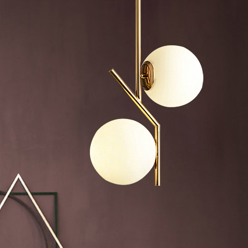 Gold Angle Linear Chandelier Lighting with White Glass Sphere Shade Contemporary 2 Lights Metal Hanging Lamp Fixture Clearhalo 'Ceiling Lights' 'Chandeliers' 'Modern Chandeliers' 'Modern' Lighting' 1429695