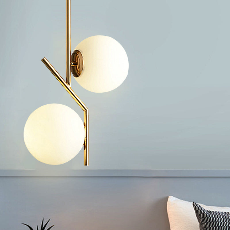 Gold Angle Linear Chandelier Lighting with White Glass Sphere Shade Contemporary 2 Lights Metal Hanging Lamp Fixture Clearhalo 'Ceiling Lights' 'Chandeliers' 'Modern Chandeliers' 'Modern' Lighting' 1429696