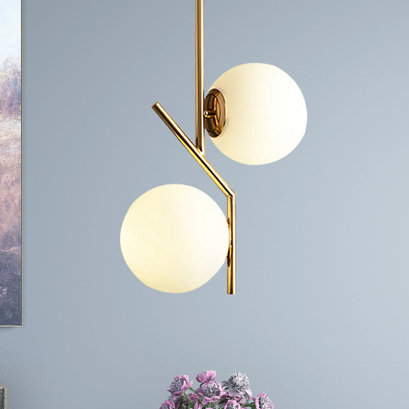 Gold Angle Linear Chandelier Lighting with White Glass Sphere Shade Contemporary 2 Lights Metal Hanging Lamp Fixture Clearhalo 'Ceiling Lights' 'Chandeliers' 'Modern Chandeliers' 'Modern' Lighting' 1429697