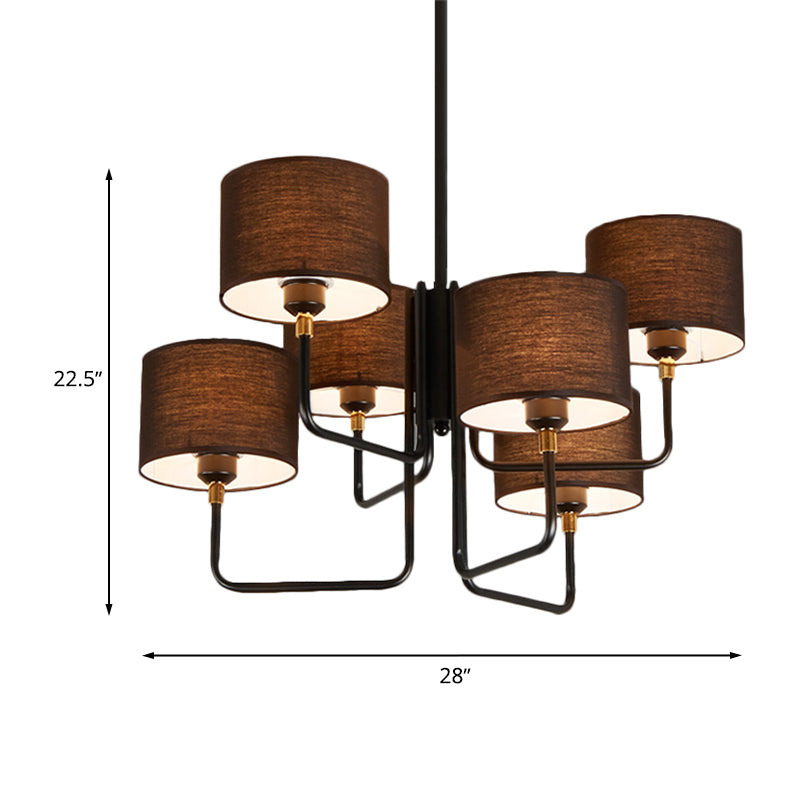 Metal Sputnik Chandelier Lamp Contemporary Multi Lights Black Led Hanging Pendant Light with Brown/White Fabric Drum Shade Clearhalo 'Ceiling Lights' 'Chandeliers' 'Modern Chandeliers' 'Modern' Lighting' 1429702