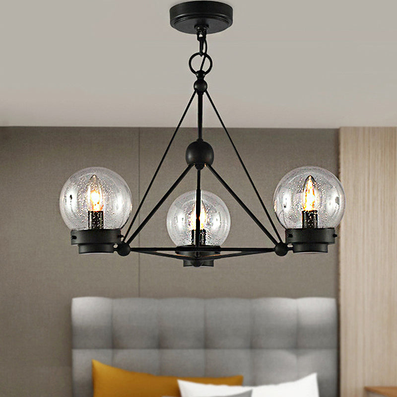 Ball Living Room Chandelier Pendant Clear Frosted Glass 3 Lights Modern Hanging Ceiling Light in Black with Triangle Design Clearhalo 'Ceiling Lights' 'Chandeliers' 'Close To Ceiling Lights' 'Glass shade' 'Glass' 'Modern Chandeliers' 'Modern' Lighting' 1429704