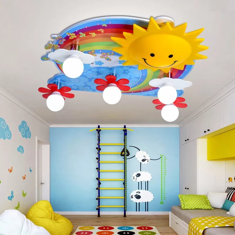 Kids Sun & Rainbow Flush Mount Light Wood Multi-Color Ceiling Lamp for Child Bedroom Clearhalo 'Ceiling Lights' 'Close To Ceiling Lights' 'Close to ceiling' 'Flush mount' Lighting' 14306