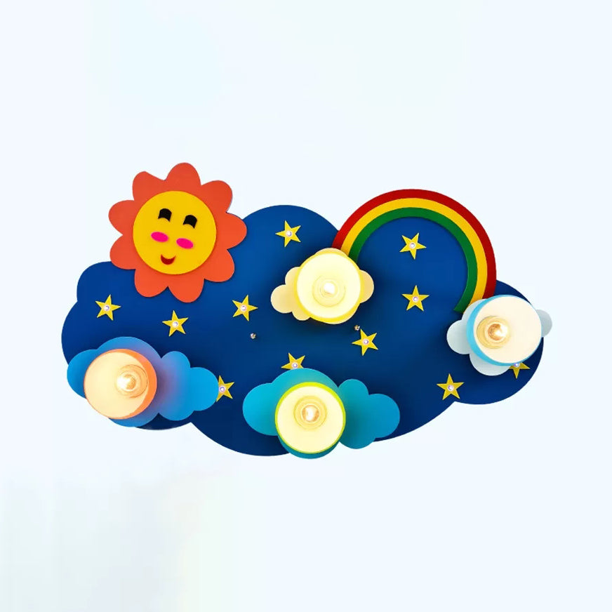 Kids Sun & Rainbow Flush Mount Light Wood Multi-Color Ceiling Lamp for Child Bedroom Dark Blue Clearhalo 'Ceiling Lights' 'Close To Ceiling Lights' 'Close to ceiling' 'Flush mount' Lighting' 14308