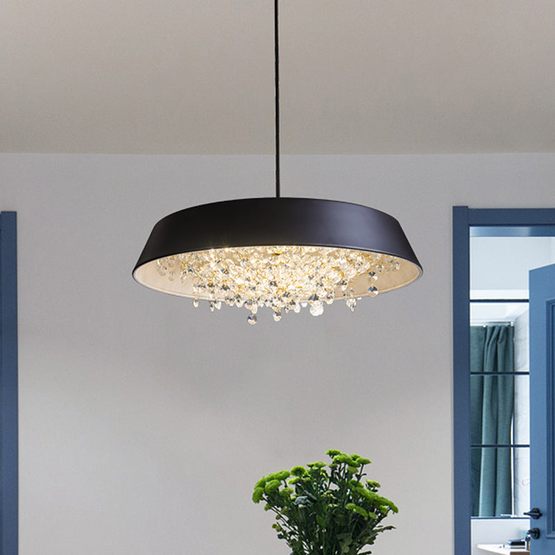 Circular Tray Metal LED Hanging Lamp Contemporary Black/White/Gold Down Lighting with Crystal Drop in Warm/White Light Black Clearhalo 'Ceiling Lights' 'Modern Pendants' 'Modern' 'Pendant Lights' 'Pendants' Lighting' 1430898