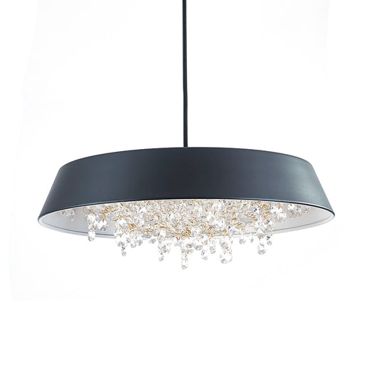 Circular Tray Metal LED Hanging Lamp Contemporary Black/White/Gold Down Lighting with Crystal Drop in Warm/White Light Clearhalo 'Ceiling Lights' 'Modern Pendants' 'Modern' 'Pendant Lights' 'Pendants' Lighting' 1430900