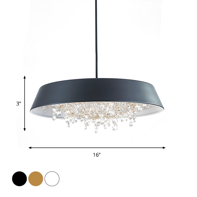 Circular Tray Metal LED Hanging Lamp Contemporary Black/White/Gold Down Lighting with Crystal Drop in Warm/White Light Clearhalo 'Ceiling Lights' 'Modern Pendants' 'Modern' 'Pendant Lights' 'Pendants' Lighting' 1430901