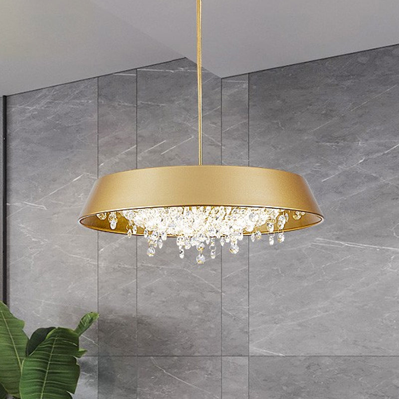 Circular Tray Metal LED Hanging Lamp Contemporary Black/White/Gold Down Lighting with Crystal Drop in Warm/White Light Clearhalo 'Ceiling Lights' 'Modern Pendants' 'Modern' 'Pendant Lights' 'Pendants' Lighting' 1430903