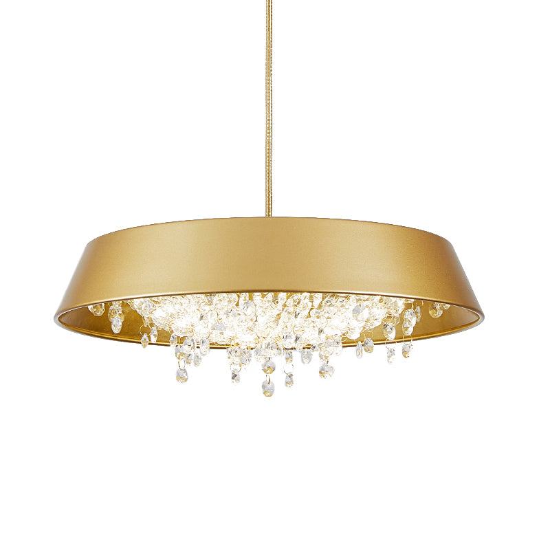 Circular Tray Metal LED Hanging Lamp Contemporary Black/White/Gold Down Lighting with Crystal Drop in Warm/White Light Clearhalo 'Ceiling Lights' 'Modern Pendants' 'Modern' 'Pendant Lights' 'Pendants' Lighting' 1430905