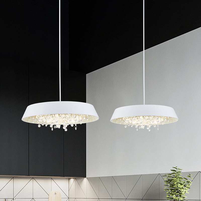 Circular Tray Metal LED Hanging Lamp Contemporary Black/White/Gold Down Lighting with Crystal Drop in Warm/White Light White Clearhalo 'Ceiling Lights' 'Modern Pendants' 'Modern' 'Pendant Lights' 'Pendants' Lighting' 1430906