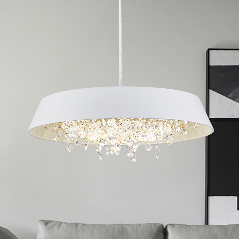 Circular Tray Metal LED Hanging Lamp Contemporary Black/White/Gold Down Lighting with Crystal Drop in Warm/White Light Clearhalo 'Ceiling Lights' 'Modern Pendants' 'Modern' 'Pendant Lights' 'Pendants' Lighting' 1430907