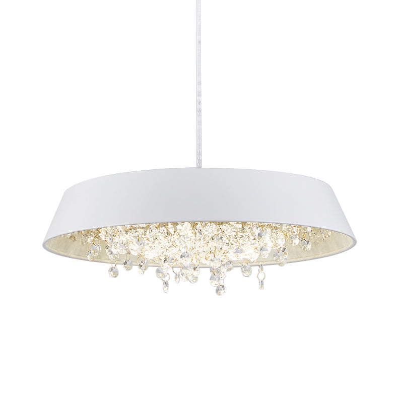 Circular Tray Metal LED Hanging Lamp Contemporary Black/White/Gold Down Lighting with Crystal Drop in Warm/White Light Clearhalo 'Ceiling Lights' 'Modern Pendants' 'Modern' 'Pendant Lights' 'Pendants' Lighting' 1430909