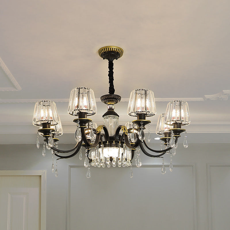 Traditional Cone Down Lighting 6/8 Heads Clear Crystal Glass Chandelier Light Fixture in Black with Droplet Clearhalo 'Ceiling Lights' 'Chandeliers' Lighting' options 1430923