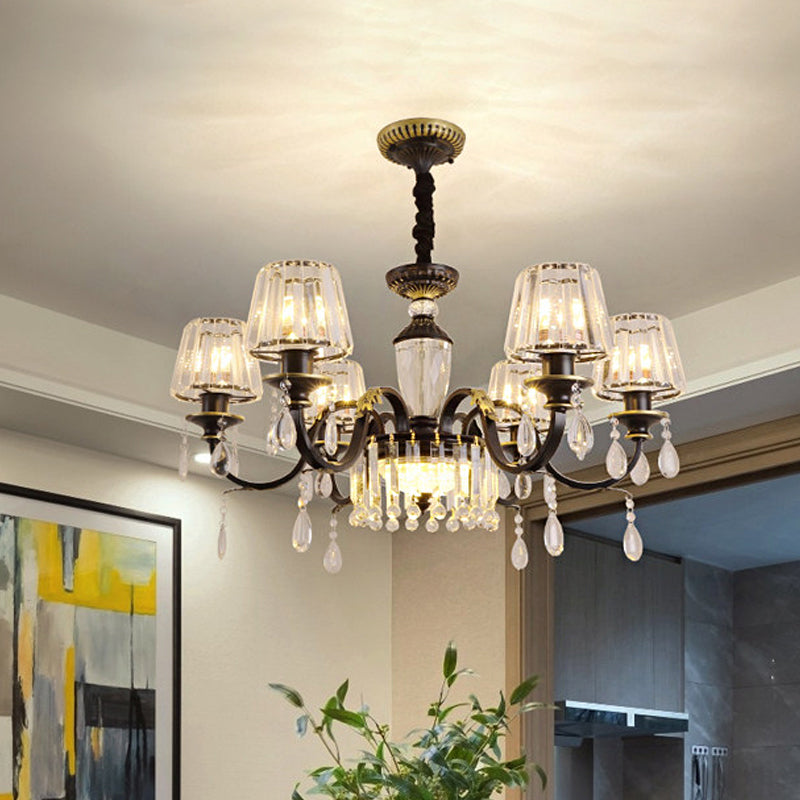 Traditional Cone Down Lighting 6/8 Heads Clear Crystal Glass Chandelier Light Fixture in Black with Droplet 6 Black Clearhalo 'Ceiling Lights' 'Chandeliers' Lighting' options 1430927_581a1b1c-9ada-44d8-b0ee-256d7c321c6e