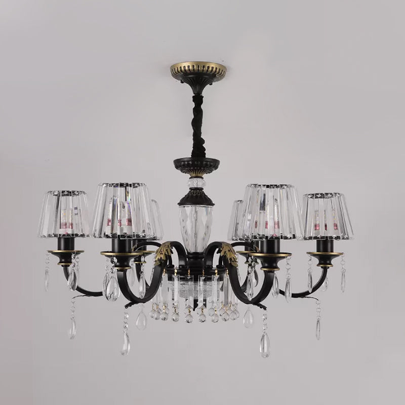 Traditional Cone Down Lighting 6/8 Heads Clear Crystal Glass Chandelier Light Fixture in Black with Droplet Clearhalo 'Ceiling Lights' 'Chandeliers' Lighting' options 1430930