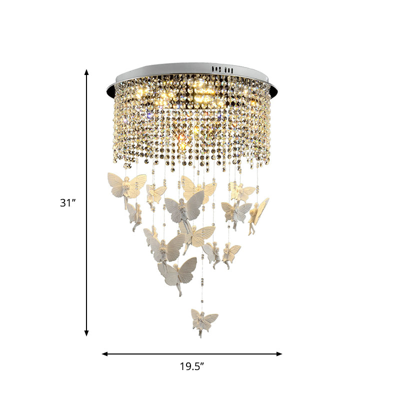 Clear Crystal Strand Drum Flush Light Contemporary 19.5"/23.5" W LED Silver Ceiling Lighting with Butterfly Fairy Deco in Warm/White Light Clearhalo 'Ceiling Lights' 'Close To Ceiling Lights' 'Close to ceiling' 'Flush mount' Lighting' 1430976