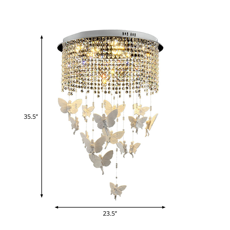 Clear Crystal Strand Drum Flush Light Contemporary 19.5"/23.5" W LED Silver Ceiling Lighting with Butterfly Fairy Deco in Warm/White Light Clearhalo 'Ceiling Lights' 'Close To Ceiling Lights' 'Close to ceiling' 'Flush mount' Lighting' 1430977