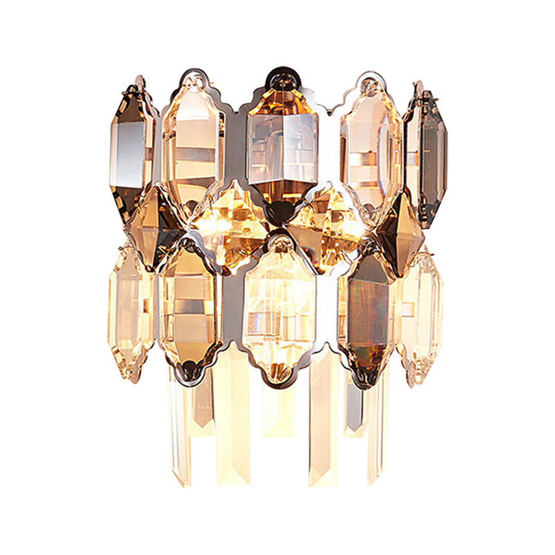 Dual-Tiered Wall Light Fixture Modern Clear Crystal 2-Bulb Surface Wall Sconce in Silver for Staircase Clearhalo 'Modern wall lights' 'Modern' 'Wall Lamps & Sconces' 'Wall Lights' Lighting' 1431060