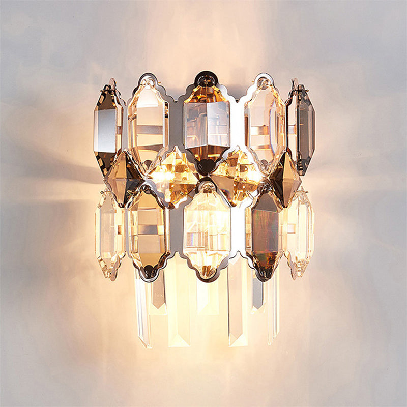 Dual-Tiered Wall Light Fixture Modern Clear Crystal 2-Bulb Surface Wall Sconce in Silver for Staircase Clearhalo 'Modern wall lights' 'Modern' 'Wall Lamps & Sconces' 'Wall Lights' Lighting' 1431061