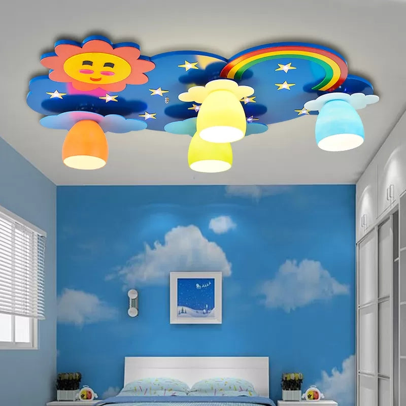 Kids Sun & Rainbow Flush Mount Light Wood Multi-Color Ceiling Lamp for Child Bedroom Clearhalo 'Ceiling Lights' 'Close To Ceiling Lights' 'Close to ceiling' 'Flush mount' Lighting' 14311