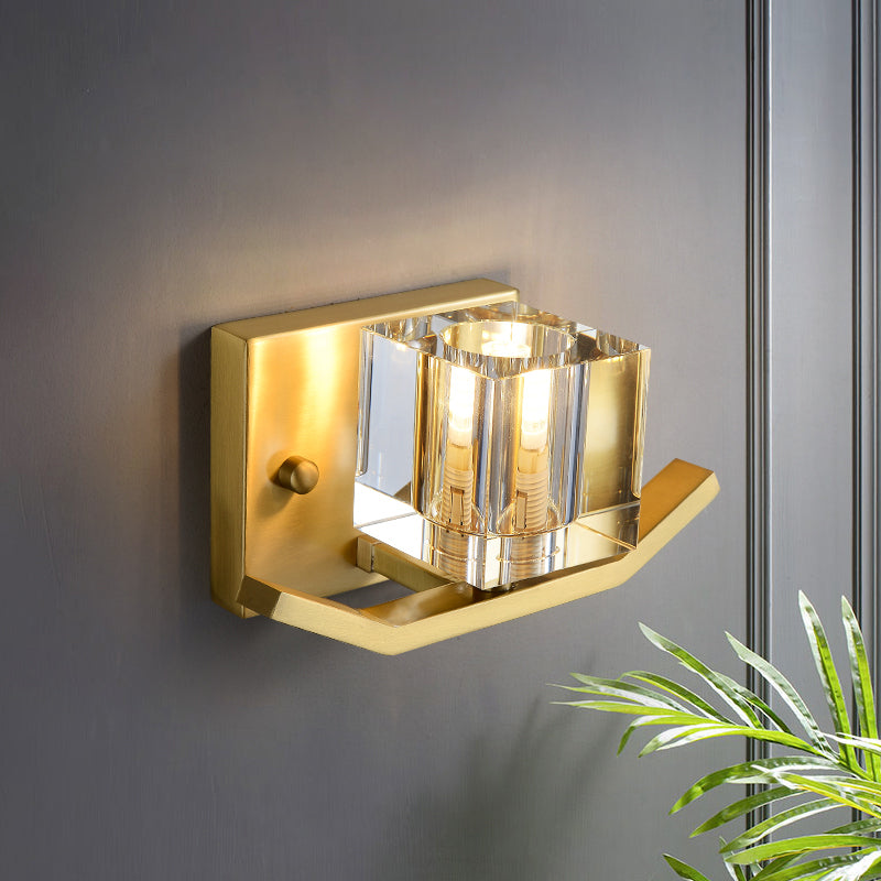 1-Bulb Parlor Wall Mount Light Modern Gold Wall Lighting Fixture with Cubic Clear Crystal Shade Gold Clearhalo 'Modern wall lights' 'Modern' 'Wall Lamps & Sconces' 'Wall Lights' Lighting' 1431108
