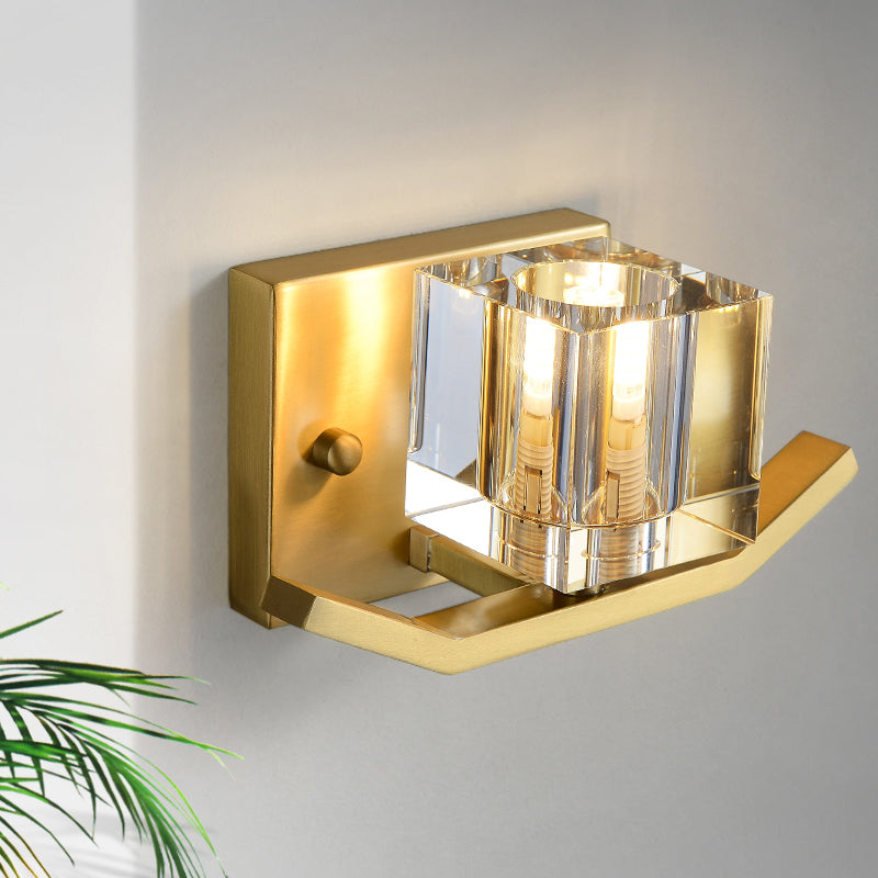 1-Bulb Parlor Wall Mount Light Modern Gold Wall Lighting Fixture with Cubic Clear Crystal Shade Clearhalo 'Modern wall lights' 'Modern' 'Wall Lamps & Sconces' 'Wall Lights' Lighting' 1431109