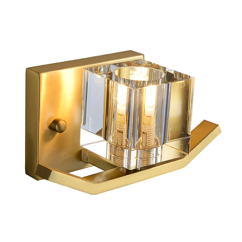 1-Bulb Parlor Wall Mount Light Modern Gold Wall Lighting Fixture with Cubic Clear Crystal Shade Clearhalo 'Modern wall lights' 'Modern' 'Wall Lamps & Sconces' 'Wall Lights' Lighting' 1431110