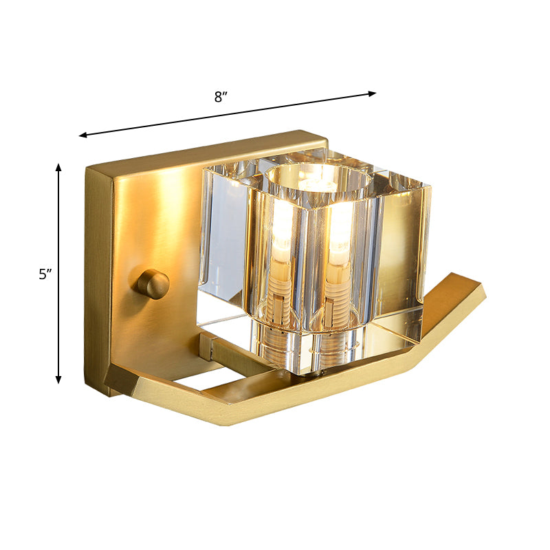 1-Bulb Parlor Wall Mount Light Modern Gold Wall Lighting Fixture with Cubic Clear Crystal Shade Clearhalo 'Modern wall lights' 'Modern' 'Wall Lamps & Sconces' 'Wall Lights' Lighting' 1431111